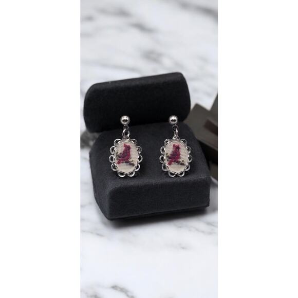 Vintage Red Cardinal Cross-Stitch Stud Dangle Earrings in Floral Frame - Picture 2 of 6